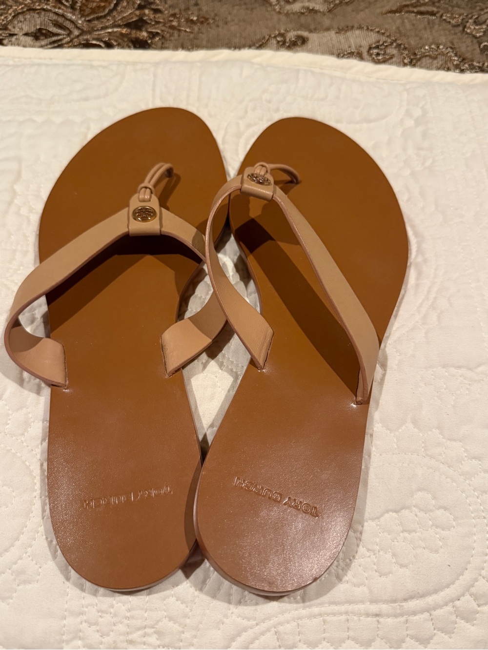 Tory Burch Leather Tan and Nude Thong Sandals ( worn once)